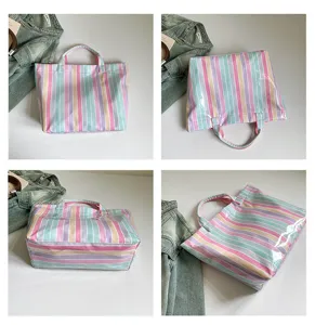 Colorful striped PVC tote bag detail view, waterproof material, casual style, daily commute.