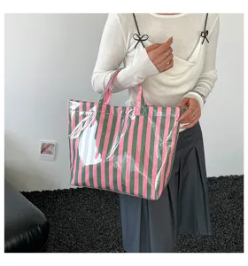 Detail view of stylish PVC striped tote bag, large capacity, waterproof for commuting.