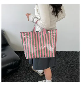 Green and pink striped PVC tote bag large capacity waterproof casual shoulder handbag