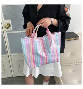 Pastel striped PVC tote bag for women waterproof large capacity casual handbag stylish daily.