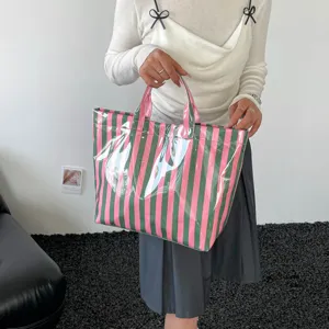 Waterproof PVC pink green striped large capacity tote bag casual commuter shoulder handbag