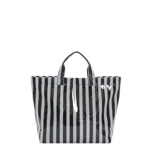 Black and white striped PVC tote bag, waterproof large capacity shoulder handbag for women.