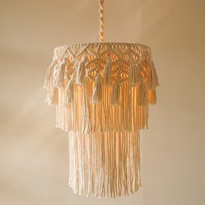 Handmade macrame pendant light shade, bohemian style cotton cord hanging lamp for bedroom decor.