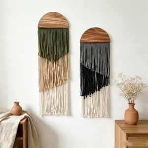 Bohemian handmade macrame wall hanging detail, minimalist wooden half-circle tassel decor.