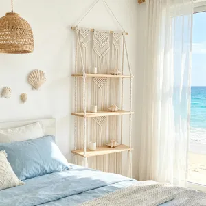 Macrame Wall Hanging Featuring 3-Tier Wooden Shelves Boho Bedroom Decor Detail Shot