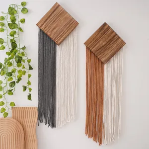 Tapisserie en Corde de Coton Tissée à Main Bohémienne Avec Panneau en Bois Diamant Gland Décoration Murale pour Salon Chambre à Coucher
