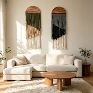 Modern boho living room scene with handmade semicircle macrame wall hanging tapestry decor.