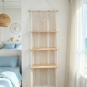 Bohemian macrame wall hanging 3-tier wooden shelf scene detail view, cozy bedroom decor.