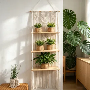 Boho Macrame Wall Hanging 3-Tier Wooden Shelf Plant Display Detail Showcase Item