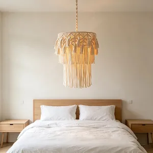 Handmade Macrame Cotton Rope Chandelier Bohemian Vintage Woven Pendant Light Bedroom Decor