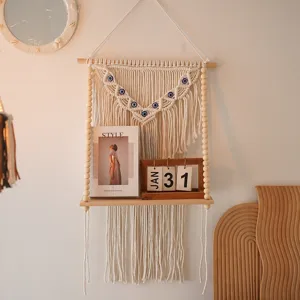 Nordic bohemian handmade cotton rope wall hanging tapestry shelf with wooden beads and evil eye.