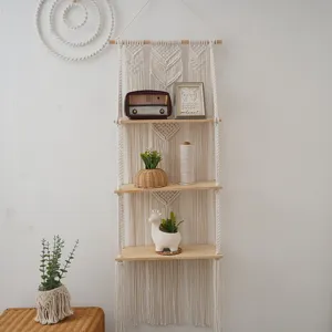 Macrame wall hanging 3 tier wooden shelf bohemian floating shelves bedroom decor storage