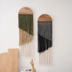 Boho handmade macrame wall hanging with wooden top modern decor tapestry for living room.