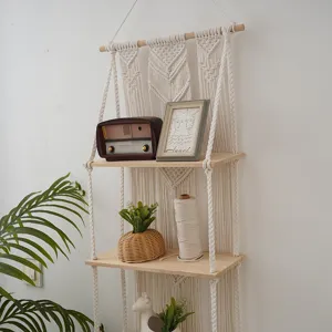 Bohemian Macrame Wall Hanging Shelf 3-Tier Woven Wooden Tapestry Plant Storage Rack