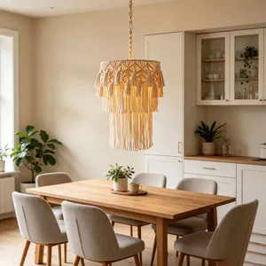 Bohemian woven cotton rope pendant light fixture detail showing elegant tassel design for room.