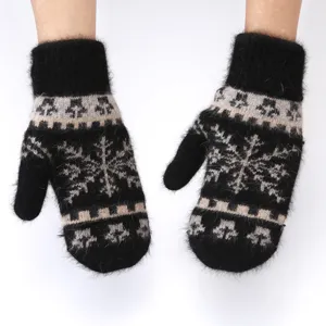 Winter warm plush knit gloves, thick fluffy rabbit hair mittens with cute snowflake pattern.