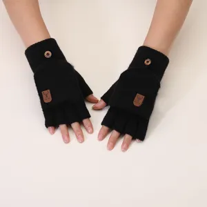 Black knitted flip-top half-finger gloves, warm winter hand protection for daily use.