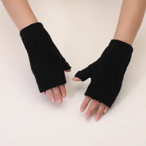 Winter knit fingerless gloves for women, warm solid color black half finger mittens.