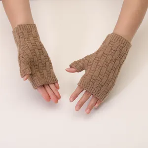 Winter women knitted fingerless gloves warm solid color jacquard detail view show.