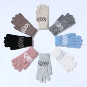 Winter women's warm knit full finger gloves set cute leaf pattern multi color options