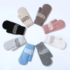 Cozy winter fleece knit mittens with cute leaf pattern, thick warm plush gloves for women.