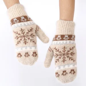 Winter warm thick rabbit hair knit mittens for women, cute snowflake plush gloves.