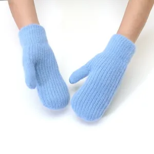 Winter plush mittens for women, cute thick fuzzy knit gloves in light blue for daily warmth.