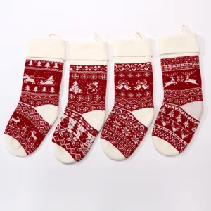 Large Christmas stocking candy bag, knitted wool jacquard holiday hanging gift decoration.