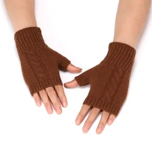 Close-up detail of brown knit fingerless gloves showing warm cable texture and soft fabric.