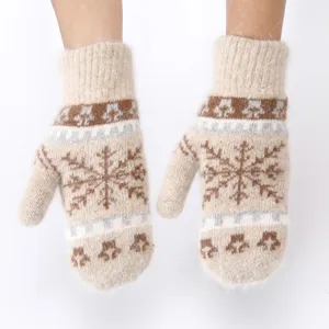 Korean style winter plush thick warm rabbit hair knit mittens with cute snowflake pattern