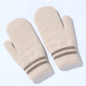 Women Winter Warm Polyester Knitted Mitten Gloves Solid Color Striped Cuff Thickened Cold Proof Thermal Gloves
