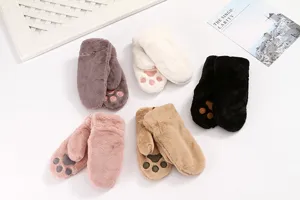 Cute fuzzy cat paw winter mittens detail shot showing plush texture and soft padding colors