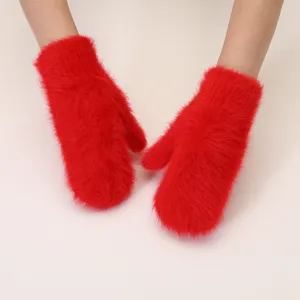 Cozy red plush mittens for winter, thick fleece-lined warm gloves for women, solid color detail.