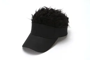 Close-up detail of the black wig visor cap, featuring curly hair texture and empty top design.