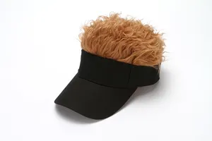 Close-up detail of the funny fake curly hair sun visor hat, showing the black cap and brown wig.