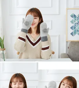 Women winter cute wool knit mittens with fluffy pom pom thick warm thermal gloves detail