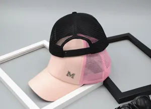 Summer breathable mesh baseball cap for women with metal letter M pink and black design.