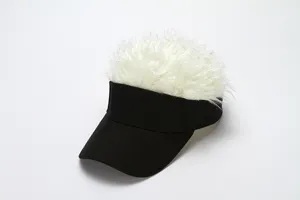 Detail view of funny fluffy hair visor hat with black brim and white synthetic wig for women.