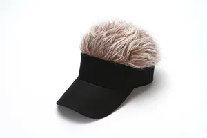 Novelty black hair visor hat with fake spiky synthetic hair, stylish empty top sun cap for women.