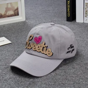 Grey baseball cap for women with glitter sweetie embroidery and pink heart casual sun hat.