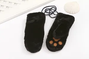 Cute black plush winter mittens with cat paw design and neck hanging string for women warm.