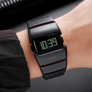 Men's black digital square watch with waterproof design, LED backlight and rubber strap.