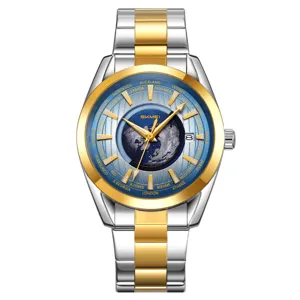 Herren zweifarbige Edelstahl mechanische Uhr mit Weltzeit Zifferblatt und Datumsanzeige.