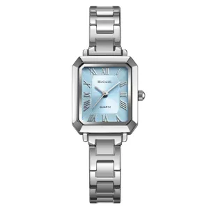 SKMEI donna orologio al quarzo quadrante azzurro cinturino acciaio inossidabile quadrato moda