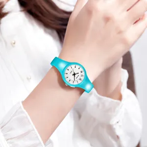 Skmei minimalist quartz watch with vibrant turquoise TPU strap and clear white dial display.