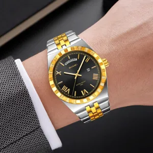 Orologio da polso al quarzo da uomo con doppio calendario, cinturino in acciaio e design.