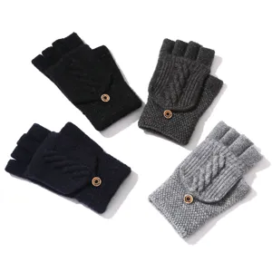 Knitted half-finger flip-top gloves detail showing cozy cable knit texture and button.