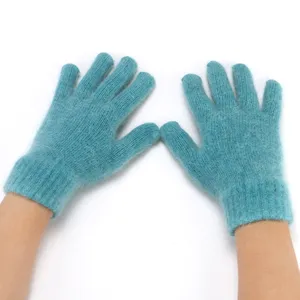 Cozy solid color knitted rabbit hair five-finger gloves in teal, warm winter wrist guard.