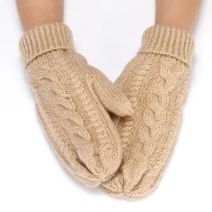 Winter thick knit mittens for women, warm fleece-lined cable knit mittens in cozy khaki color.