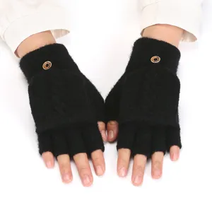 Black knitted convertible fingerless gloves for winter warm typing and daily wear experience